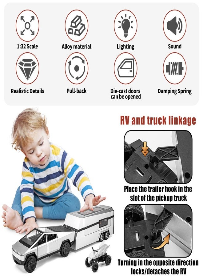 Samtop Cybertruck Toy for Kids, Pickup Truck with RV Motorcycle Cybertquad Metal Die-cast Model Car, 1/32 Toy Truck and Trailer with Sound/Light/Pull Back, Ideal Gift for Boys (Silver) - Image 3